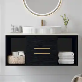 Loheer - 39.4 Inch Floating Bathroom Vanity with Ceramic Sink Modern Single Sink Cabinet Soft-Close Drawers - Black, Gold, White