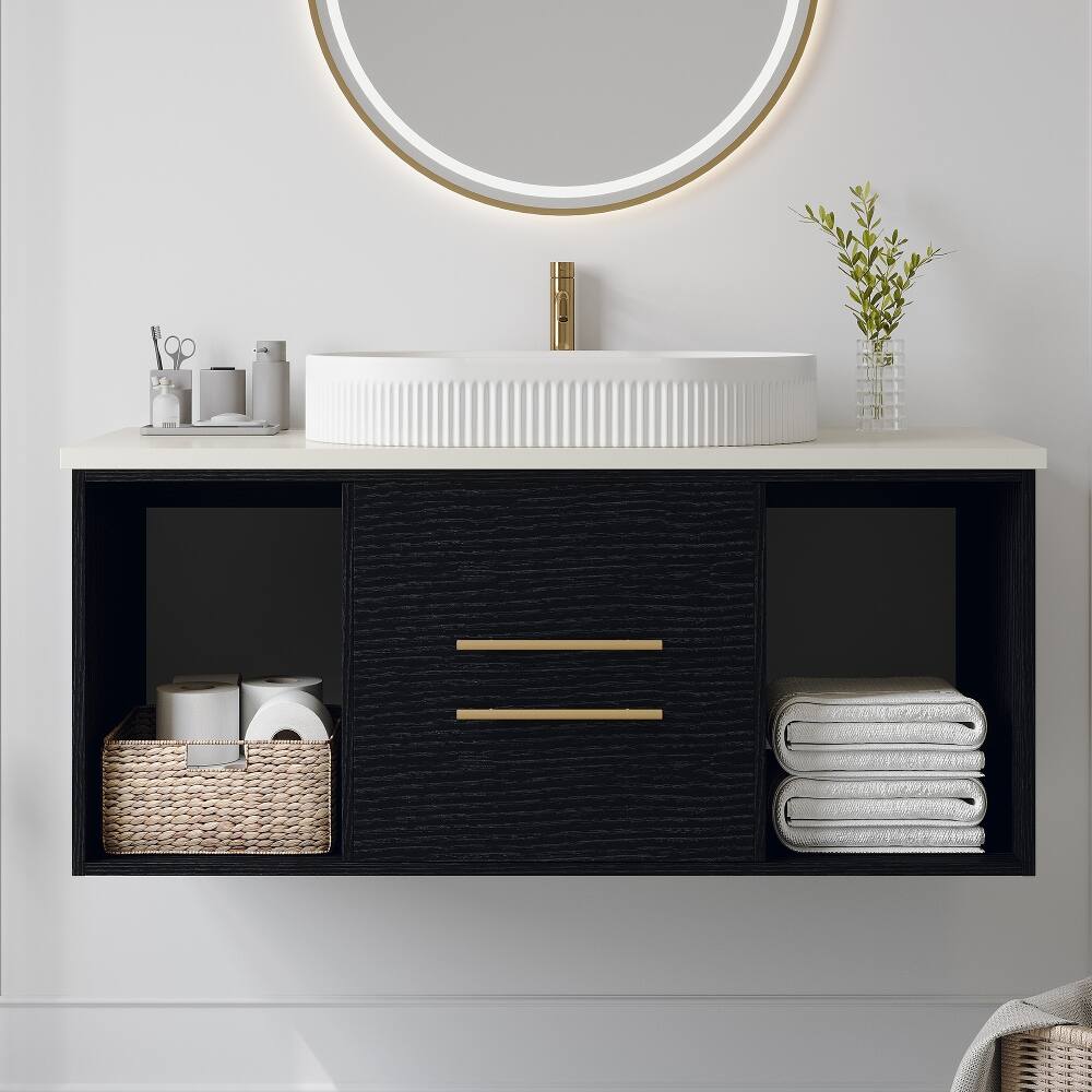 Front. Loheer - Loheer 39.4 Inch Floating Bathroom Vanity with Ceramic Sink Modern Single Sink Cabinet Soft-Close Drawers - Black, Gold, White.