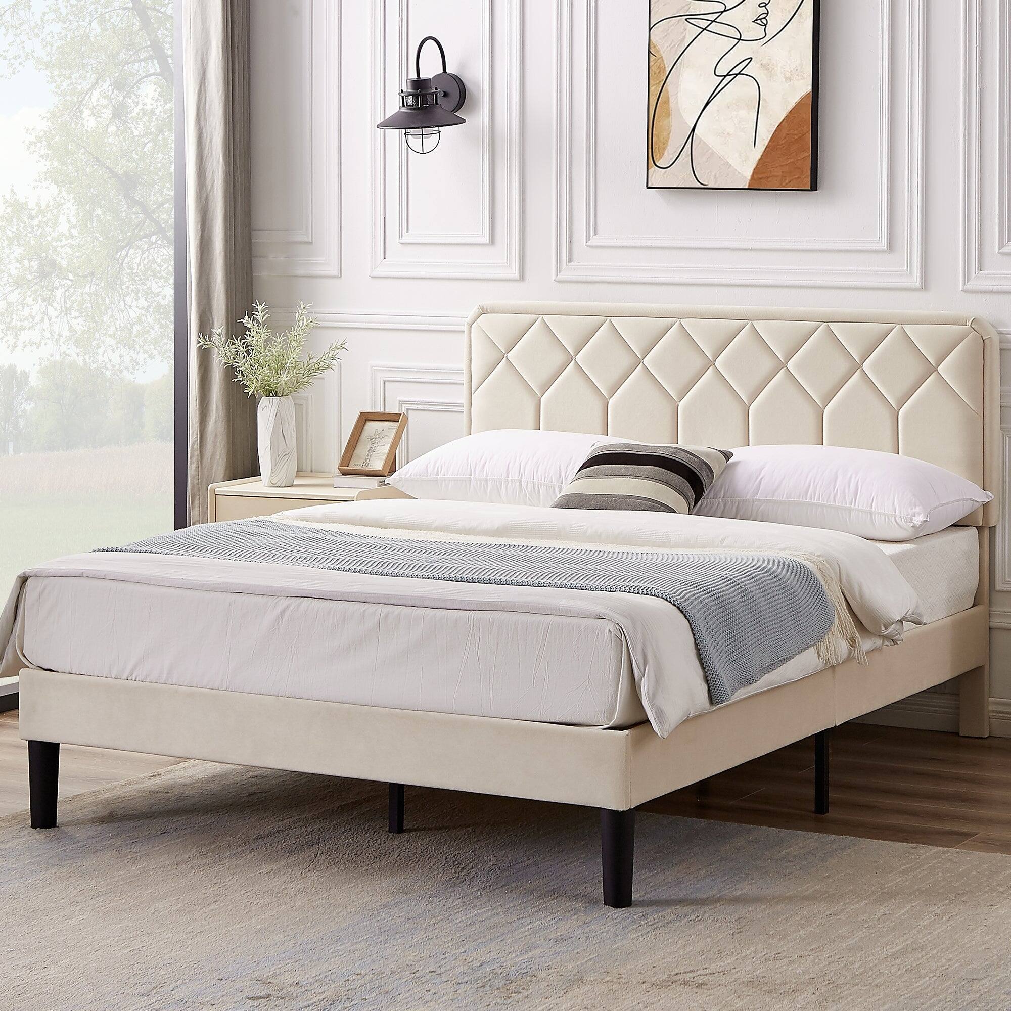 Back. Vecelo - Queen Size Upholstered Bed With Adjustable Headboard And Underbed Storage - Metal Platform Bed,Quiet Design - Beige.