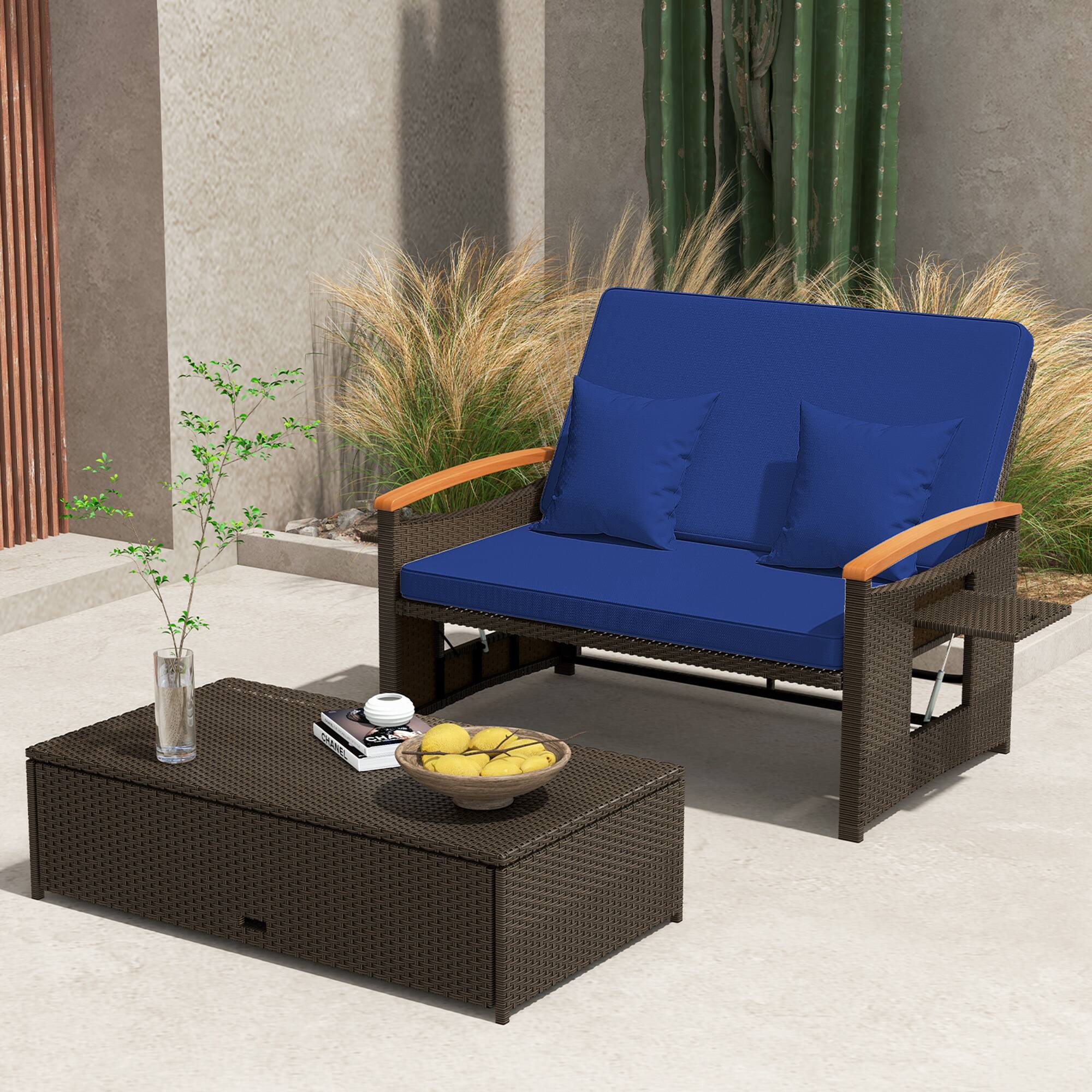 Alt View 3. Gymax - Gymax Outdoor Wicker Daybed Patio Loveseat & Storage Ottoman Set w/ Navy Cushions - Navy.
