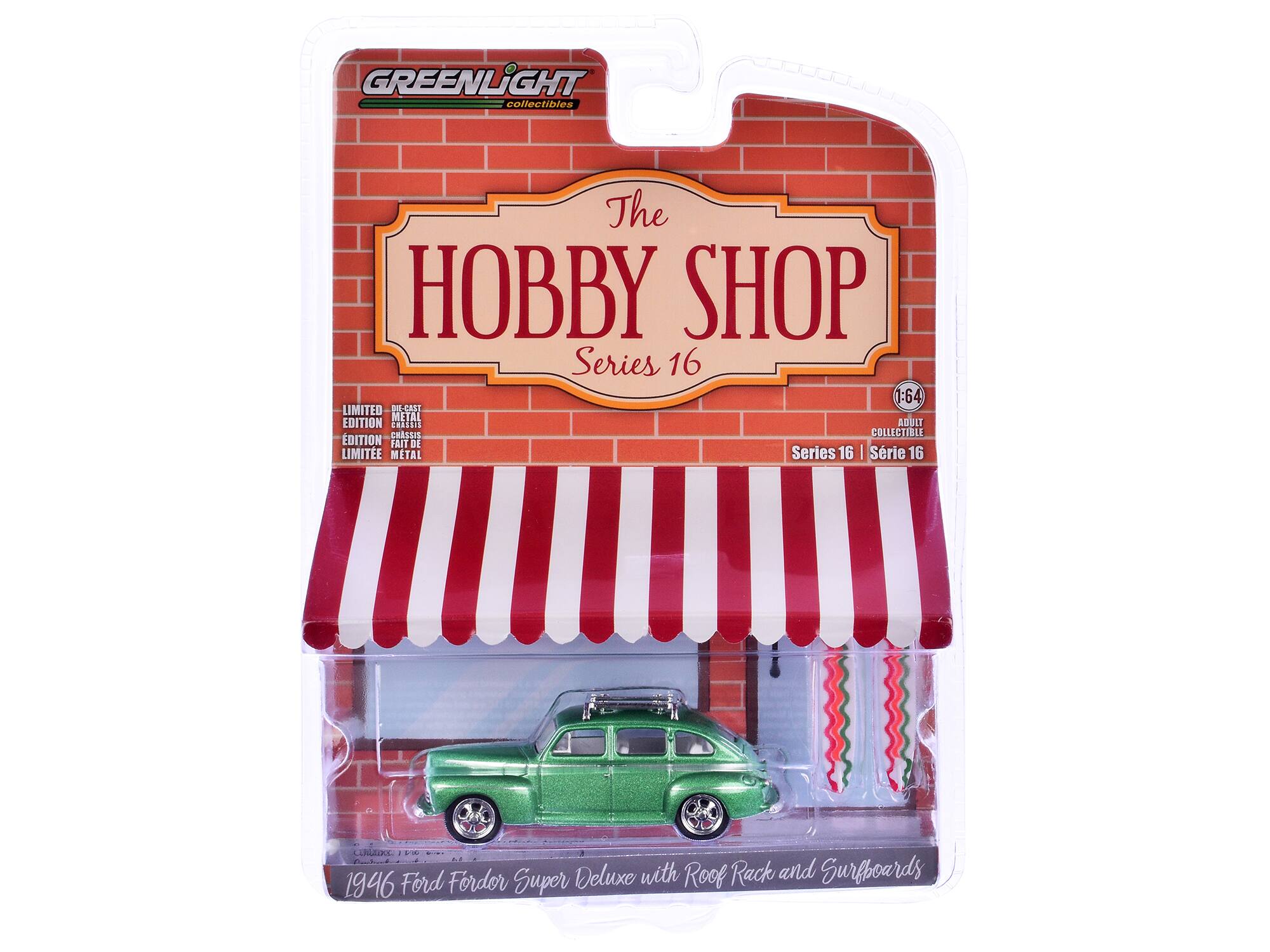 GREENLIGHT collectibles  
The HOBBY SHOP  
Series 16  

1:64  
ADULT COLLECTIBLE  
Série 16  

LIMITED EDITION  
DIE-CAST  
CLASSIC  
METAL  
LIMITEE  
MÉTAL  

1946 Ford F-100 Super Deluxe with Roof Rack and Surfboards