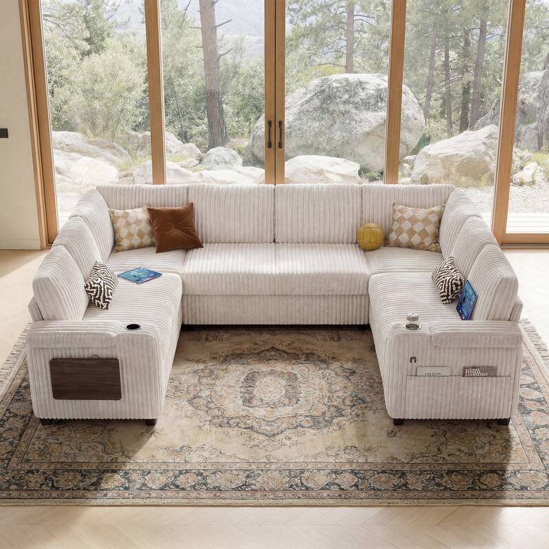 Angle. Dyonery - 112" Modular Sectional Sofa, U Shaped 8-Seater Sleeper Sofa with Pull Out Bed &Hidden Storage, Cup Holders & USB. - Beige.