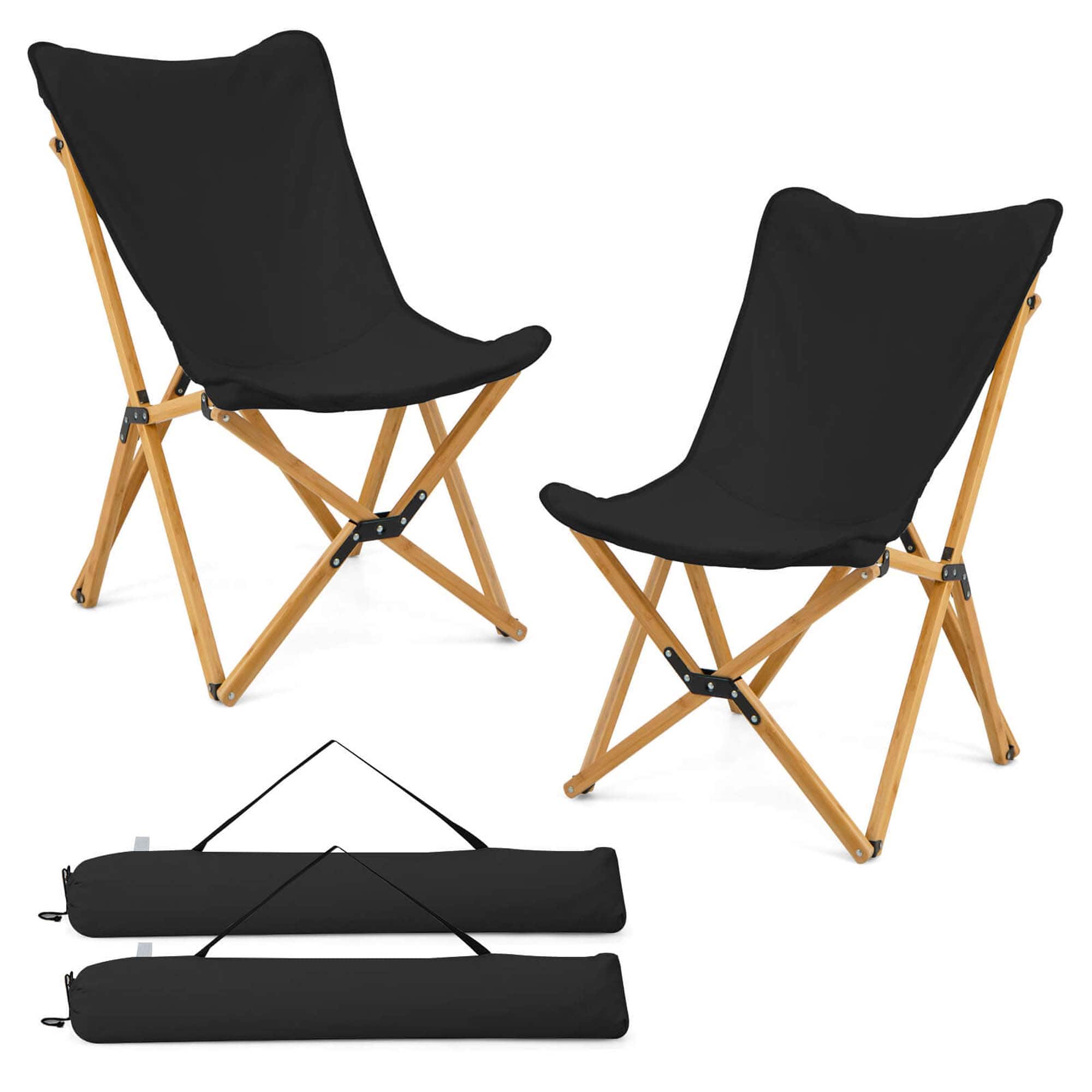 Front. Costway - Bamboo Butterfly Folding Chair Set of 2 with Storage Pocket 330 LBS Capacity Black - Black.