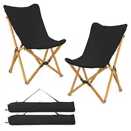 Costway - Bamboo Butterfly Folding Chair Set of 2 with Storage Pocket 330 LBS Capacity - Black