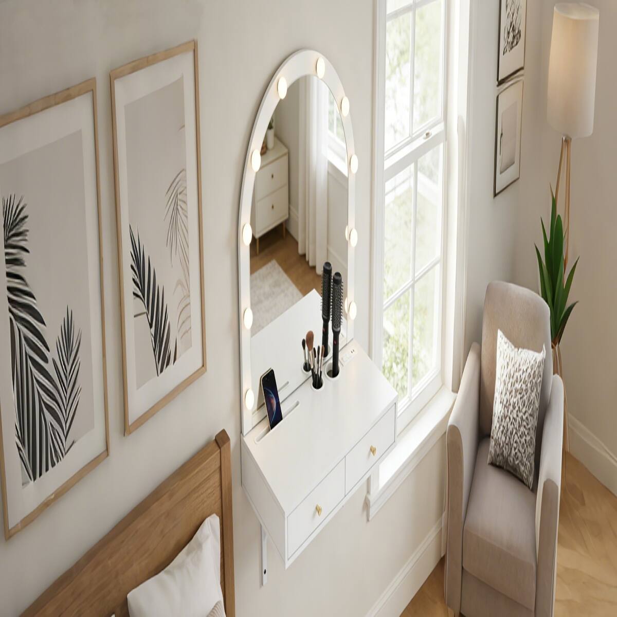Alt View 4. Loheer - Loheer Floating Makeup Vanity Desk with Mirror and Lights, White Wall Mounted Vanity Desk - White.