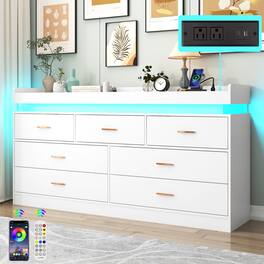 Espafurni - 7 - Drawer Dresser with LED Light & Charging Station - Modern Chest for Bedroom, Living Room, Entryway & Hallway - White