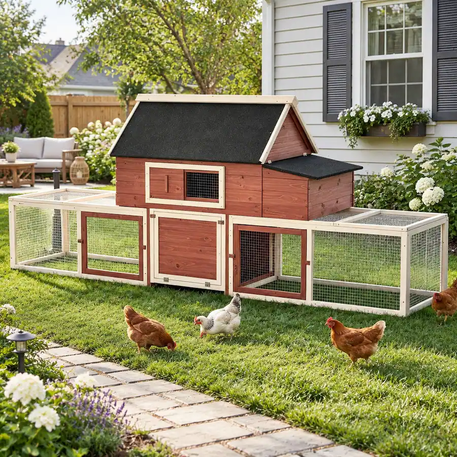 Top Box Steel RYHNUYNE Wooden Chicken Coop, Fir Wood and Steel Wire, 114.25 in L ...