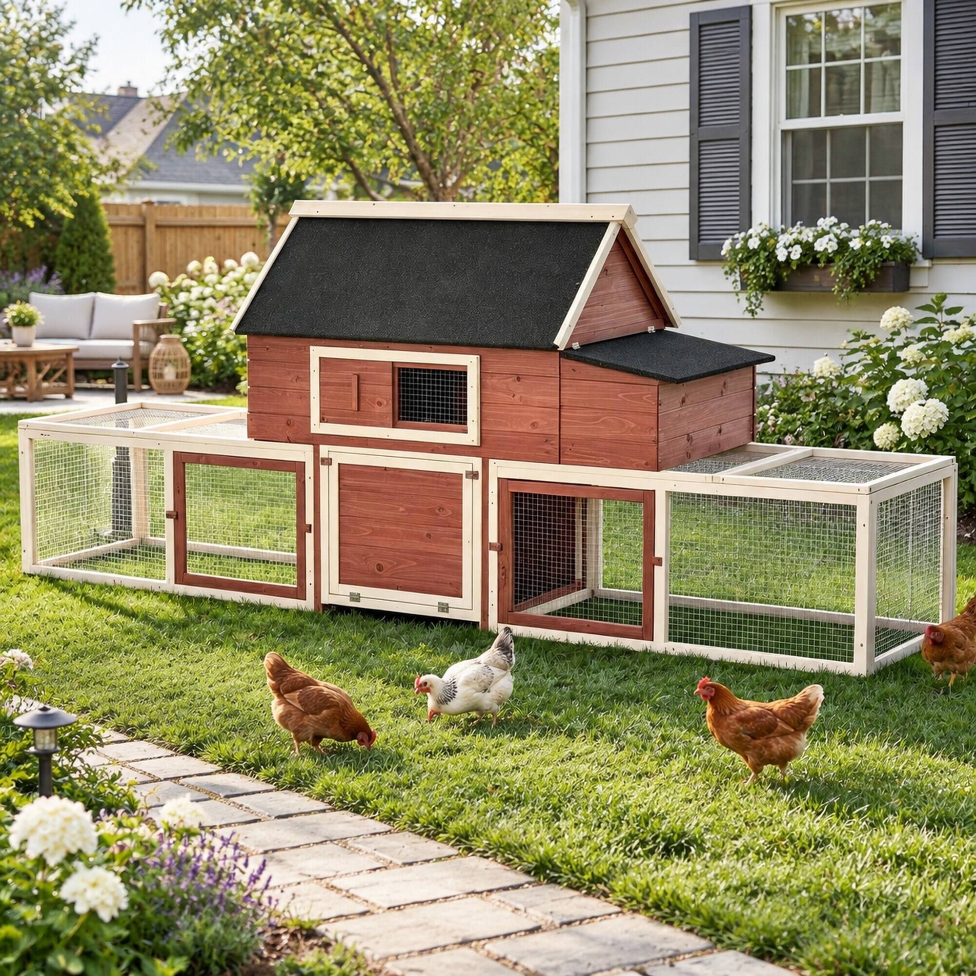 RYHNUYNE Wooden Chicken Coop, Fir Wood and Steel Wire, 114.25 in L ...