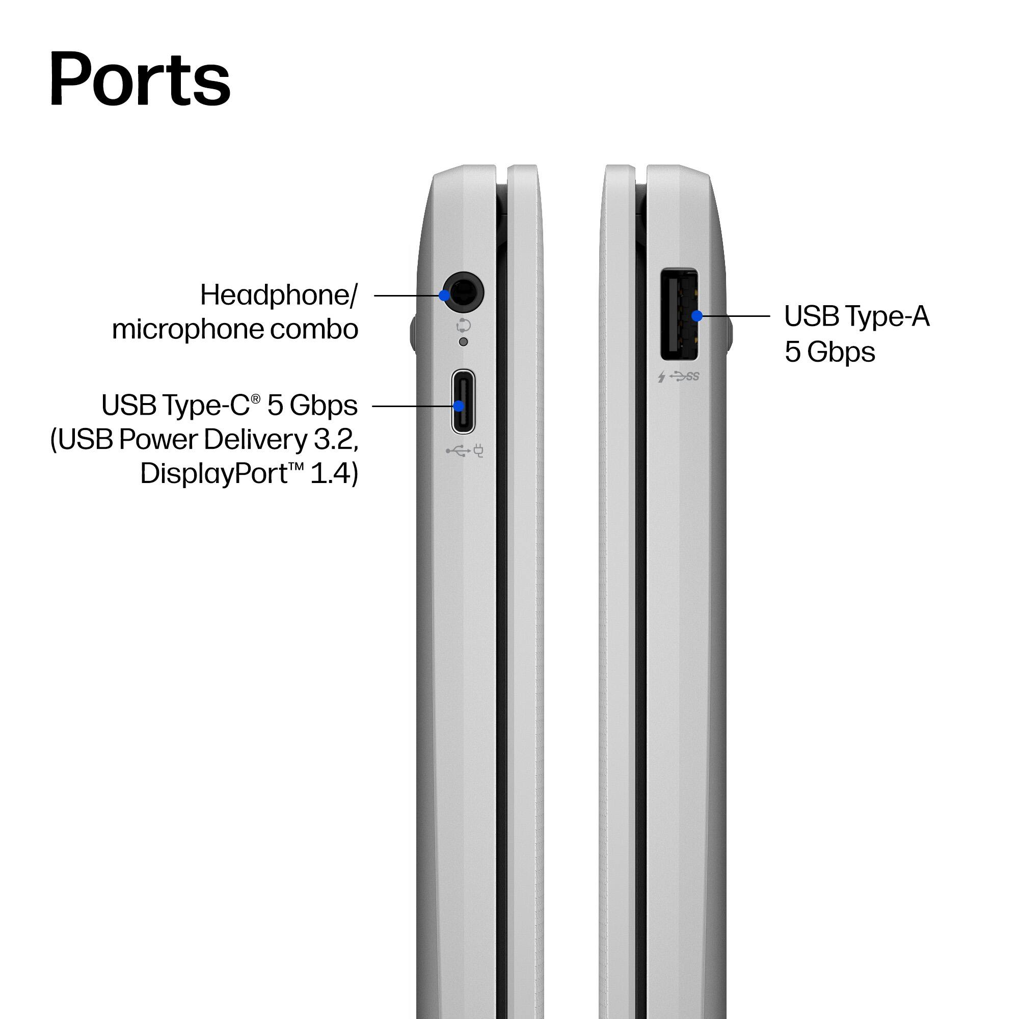 Ports

- Headphone/ microphone combo
- USB Type-C® 5 Gbps (USB Power Delivery 3.2, DisplayPort™ 1.4)
- 3-6 USB Type-A 5 Gbps