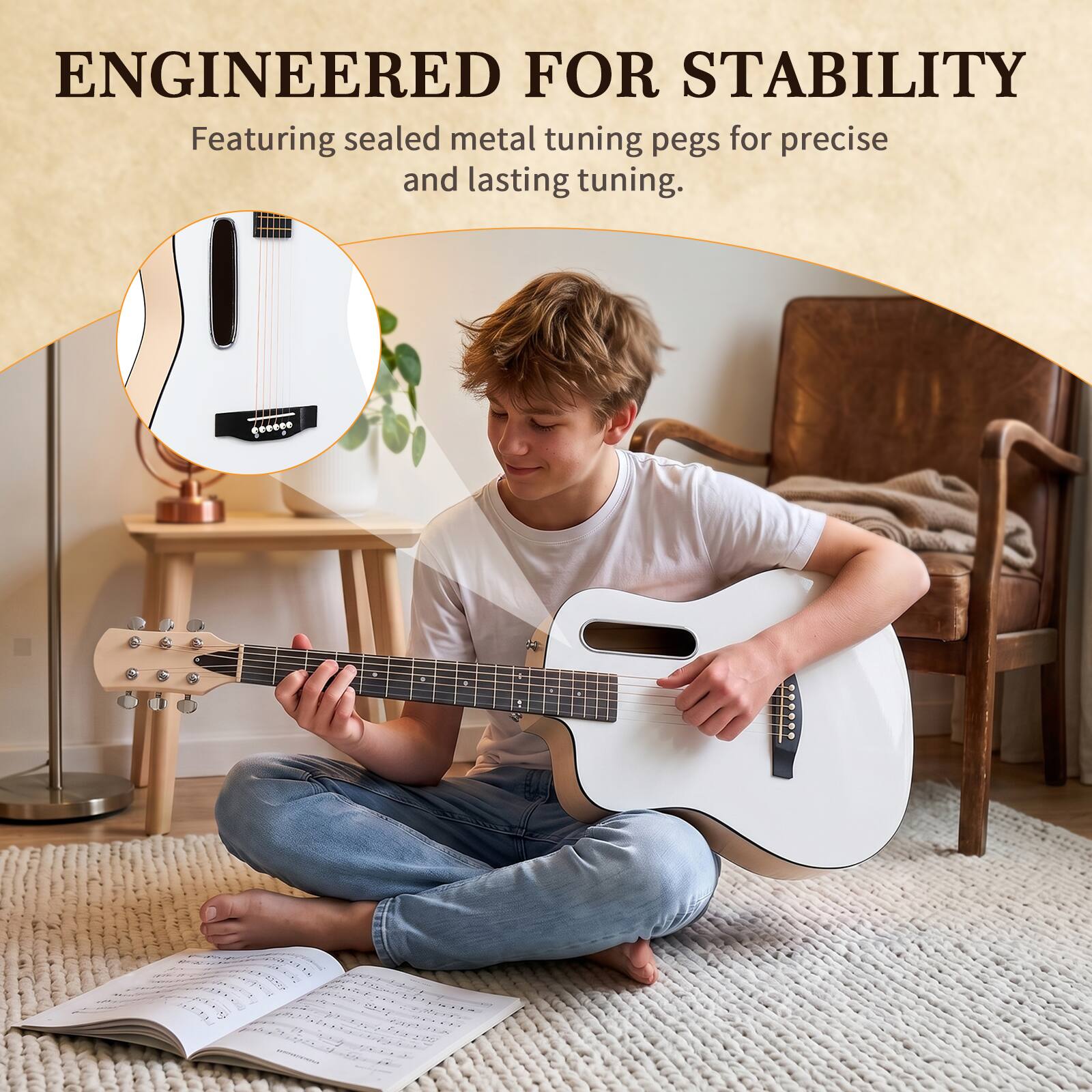 ENGINEERED FOR STABILITY  
Featuring sealed metal tuning pegs for precise and lasting tuning.