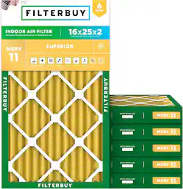Filterbuy - 16x25x2 MERV 11 Pet & Allergy Defense, Electrostatic Pleated HVAC AC Furnace Air Filters Replacement (6-Pack) - Gold