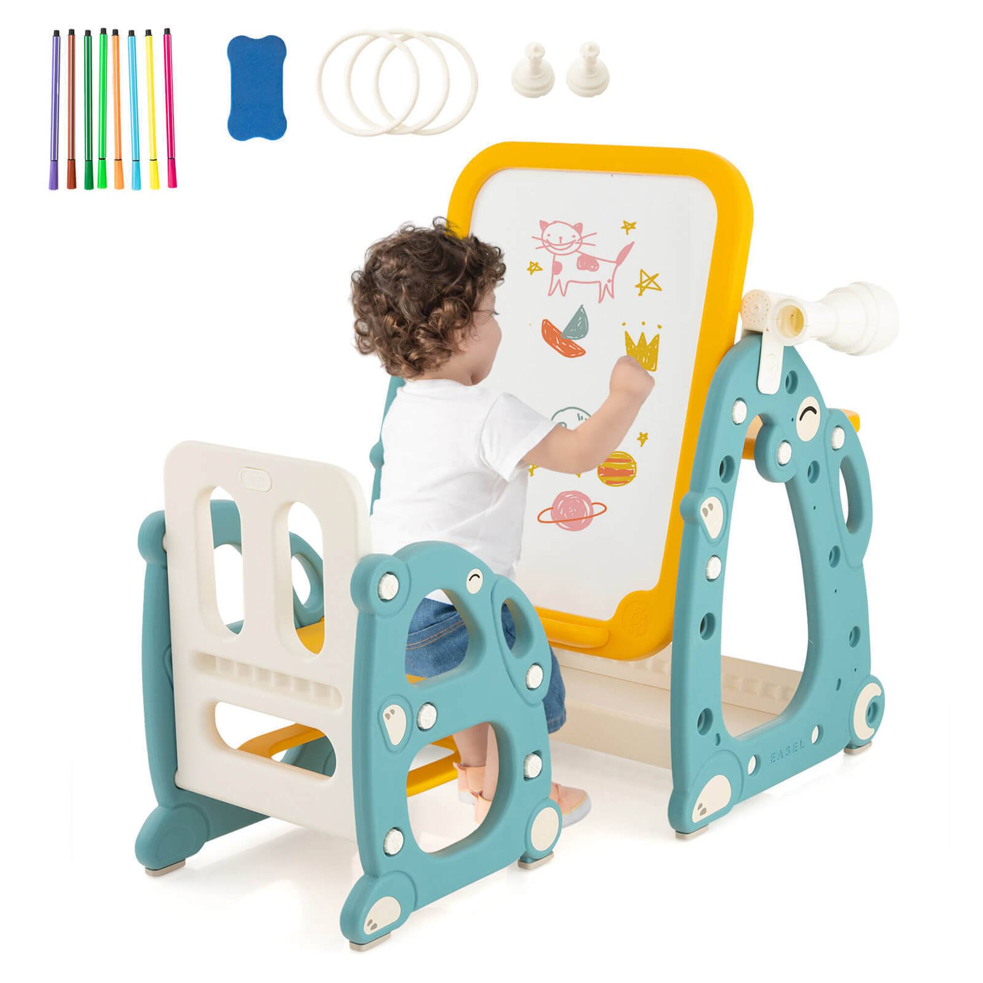 Alt View 9. Gymax - Gymax Kids Art Easel with Chair Kids Activity Table & Chair Set w/ Storage Basket - Blue + Yellow.
