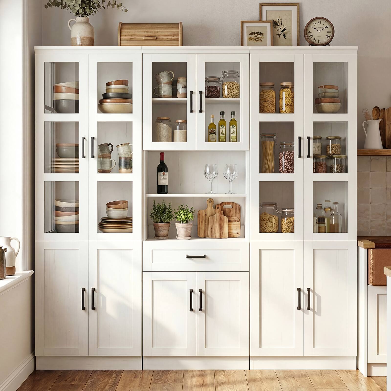 Angle. Aheaplus - 79.7'' Tall Pantry Cabinet 3-Piece Set - 70.8'' Width Kitchen Hutch Cabinet with Drawers & Adjustable Shelves - White.
