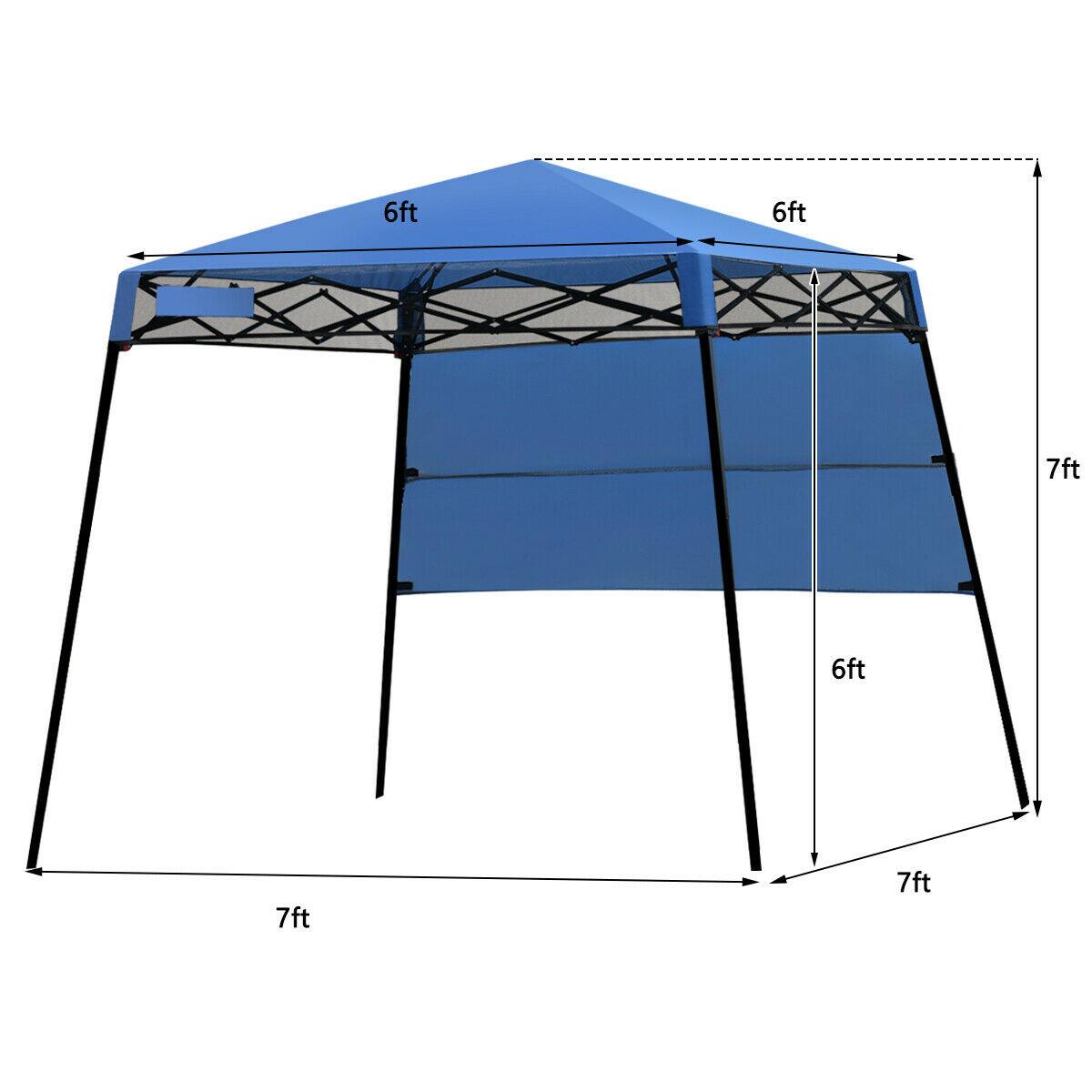 The dimensions of the tent are as follows:

- Width: 7ft
- Depth: 7ft
- Height: 6ft
- Roof width: 6ft
- Roof depth: 6ft