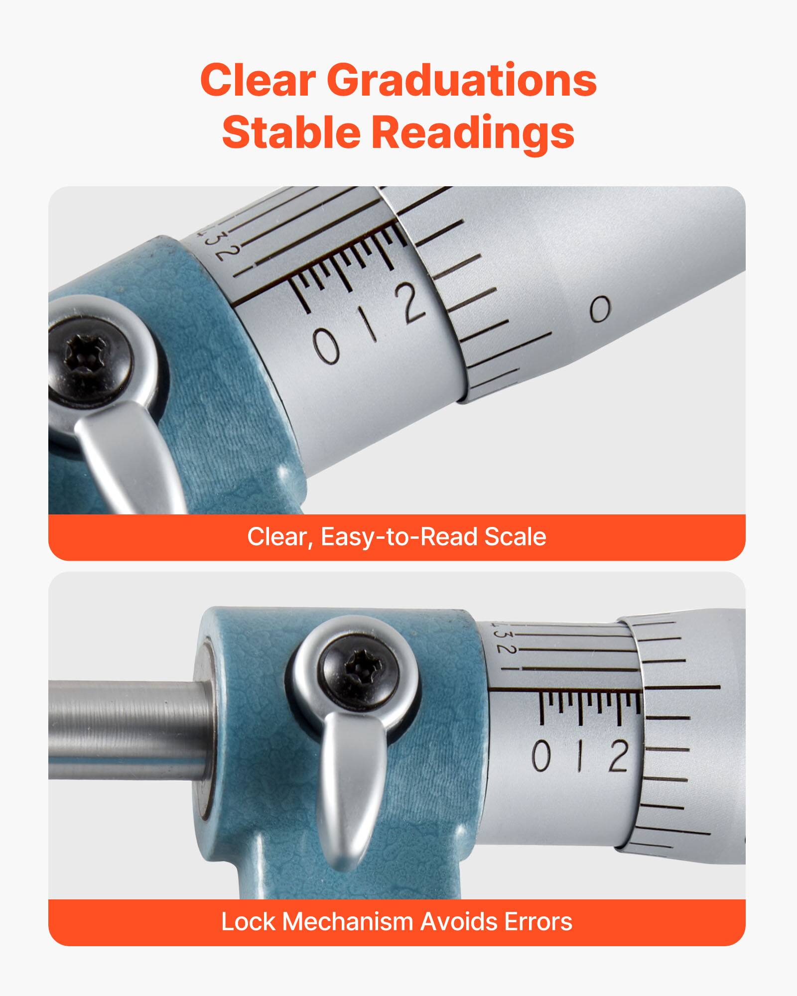 Clear Graduations  
Stable Readings  

Clear, Easy-to-Read Scale  

Lock Mechanism Avoids Errors