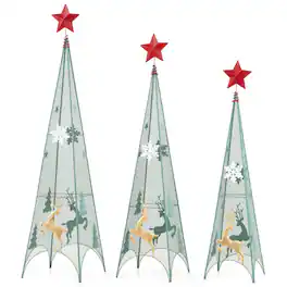 Costway - Set of 3 Tower Shaped Christmas Trees (3ft/3.5ft/4ft) Artificial Xmas Metal Trees - Green