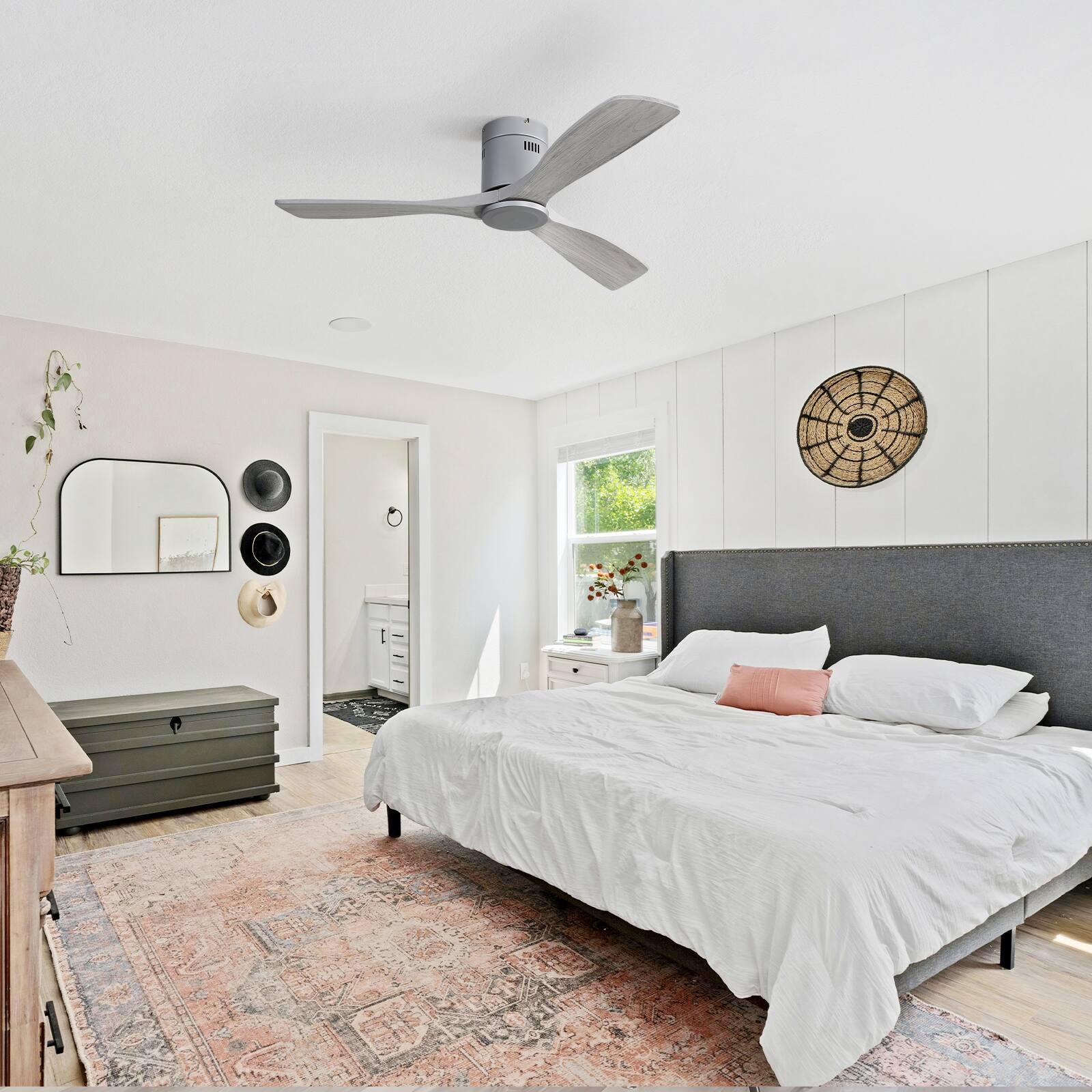 Alt View 6. Sofucor - 52'' Grey Ceiling Fan Modern Flush Mount Ceiling Fan No Light with Remote 3 Wood Blades for Bedroom/Farmhouse/Patio - Silver.