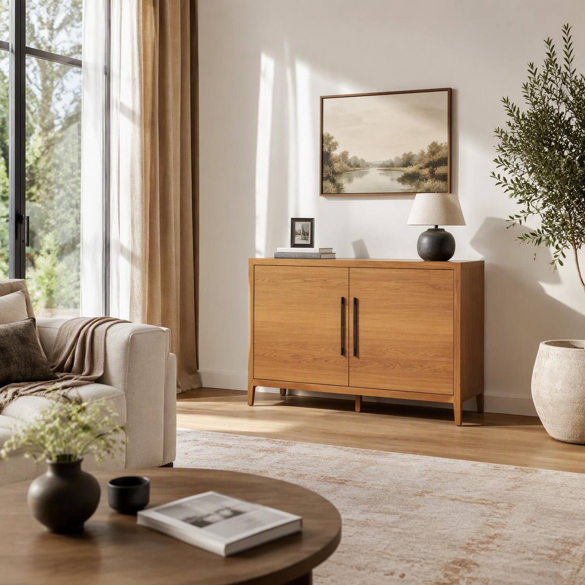 Back. RYHNUYNE - Freestanding 47.25 Inch Farmhouse Sideboard with 2 Doors and Adjustable Feet, Wooden Storage Cabinet - Natural.