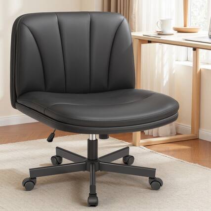 Front. KERDOM - PU Leather Swivel Cross Legged Chair with Wheels, Armless Wide Vanity Chair 2 Layer Thickened Cushion Reclining Backrest - Black.