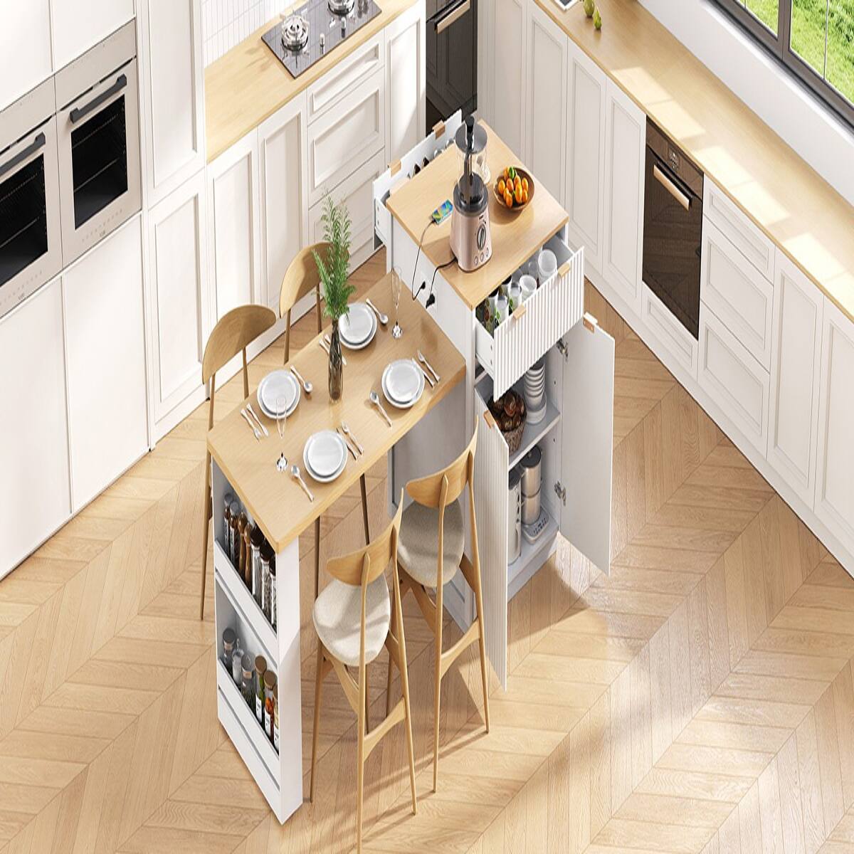 Angle. Loheer - White Fluted Kitchen Island with Extendable Dining Table, 82.6-Inch Rectangular Island with Power Outlet - White.