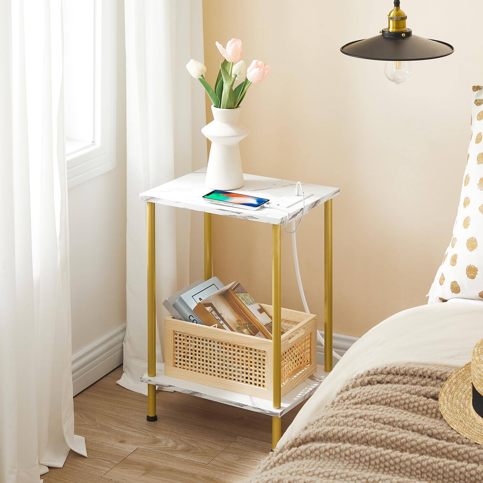 Alt View 3. Alchemy Casas - Side Table With Charging Station End Tables Usb Port And Outlet Nightstand 2 layer Storage Shelves For Small - White 1.
