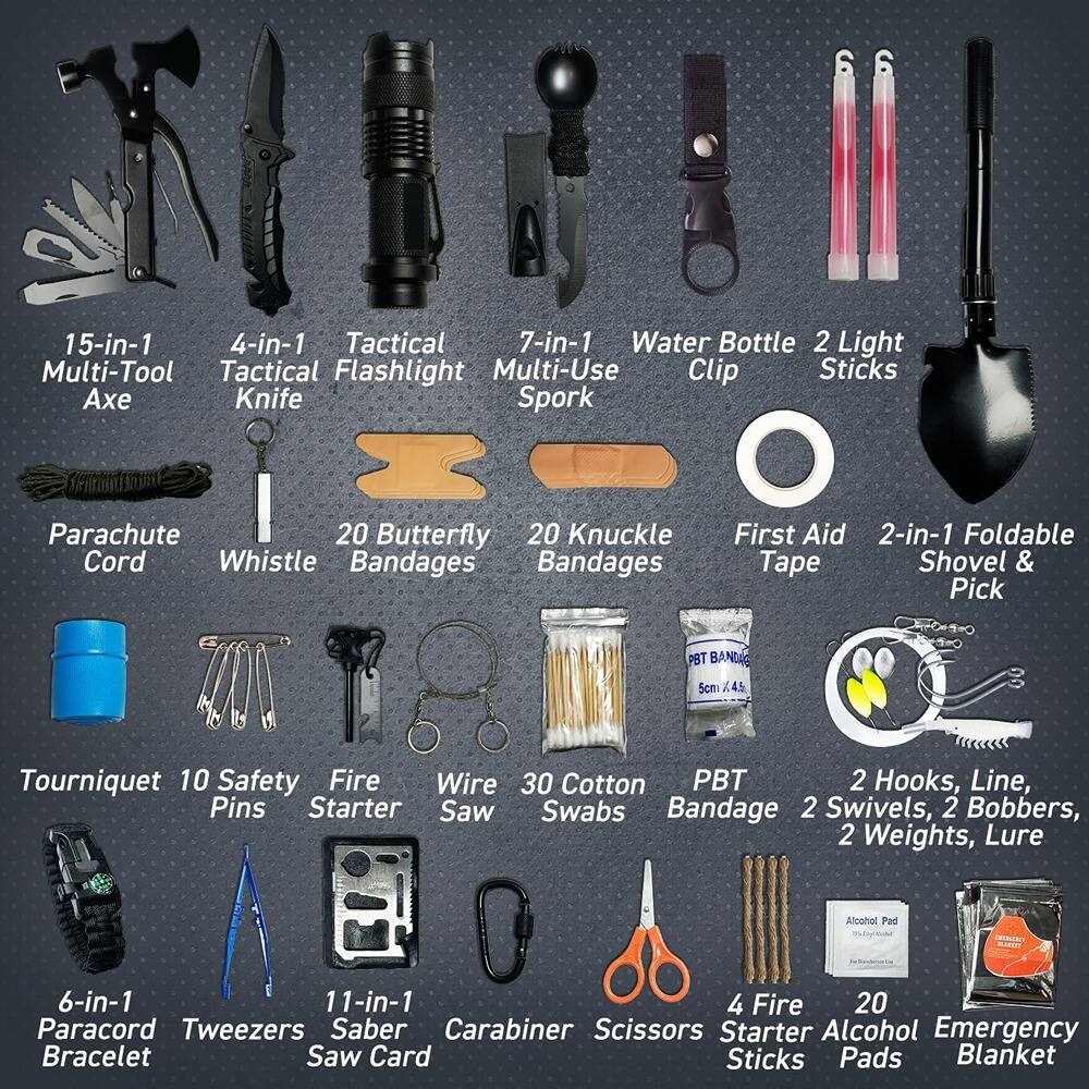 15-in-1 Multi-Tool Axe  
4-in-1 Tactical Knife  
7-in-1 Multi-Use Spork  
Water Bottle Clip  
2 Light Sticks  
Parachute Cord  
20 Butterfly Bandages  
20 Knuckle Bandages  
First Aid Tape  
2-in-1 Foldable Shovel & Pick  
Tourniquet  
10 Safety Pins  
Fire Starter  
Wire Saw  
30 Cotton Swabs  
PBT Bandage  
2 Hooks, Line, Swivels, 2 Bobbers, 2 Weights, Lure  
6-in-1 Paracord Bracelet  
11-in-1 Tweezers Saber Saw Card  
Carabiner  
Scissors  
4 Fire Starter Sticks  
20 Alcohol Pads  
Emergency Blanket