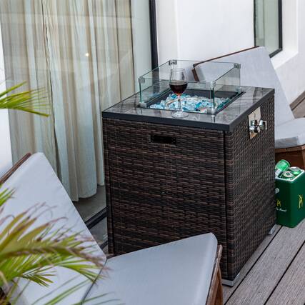 Front. APRILSOUL - 24 inch Propane Gas Fire Pit Table Square Fire Pit Tile Tabletop Wicker Base for Outside Patio Deck Garden Courtyard - Espresso.