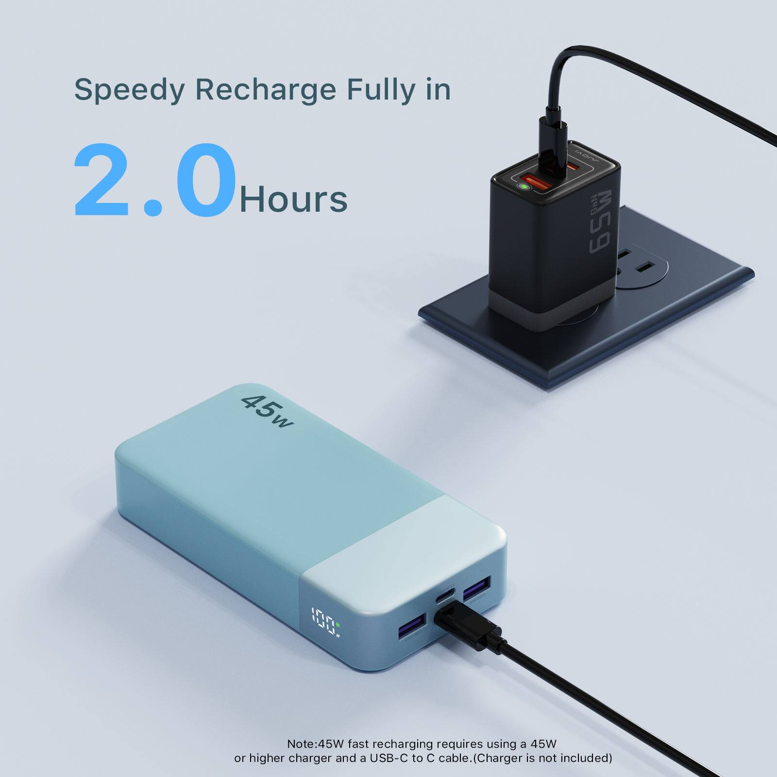 Speedy Recharge Fully in 2.0 Hours

Note: 45W fast recharging requires using a 45W or higher charger and a USB-C to C cable. (Charger is not included)