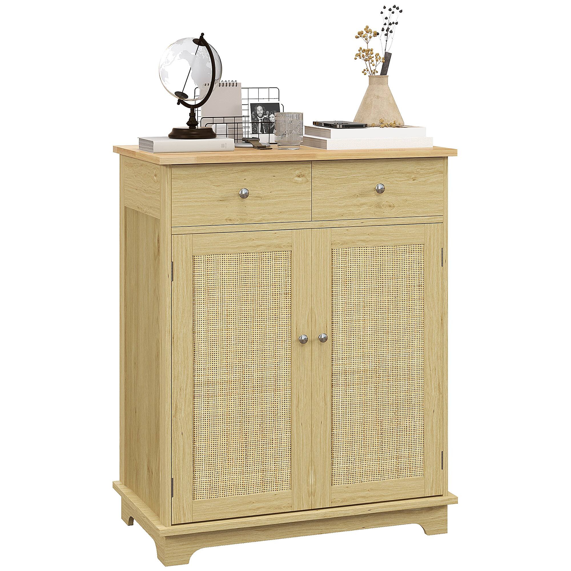 Front. Homcom - Sideboard with Solid Wood Countertop, Modern Kitchen Storage Cabinet, Coffee Bar Cabinet with 2 Drawers - Natural Rattan.
