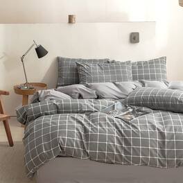 PARKER SLATER - Mocha Gingham Duvet Cover Set King Dark Tan Grid Simple Geometric Square Pattern Comforter Soft Plaid Washed - Gray Grid-King(104"*90")