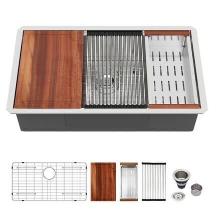 Front. APRILSOUL - 30 x 19 x 9 inch Kitchen Sink Undermount Single Bowl 16 Gauge Stainless Steel Ledge Workstation Kitchen Sinks - Brushed Nickel.