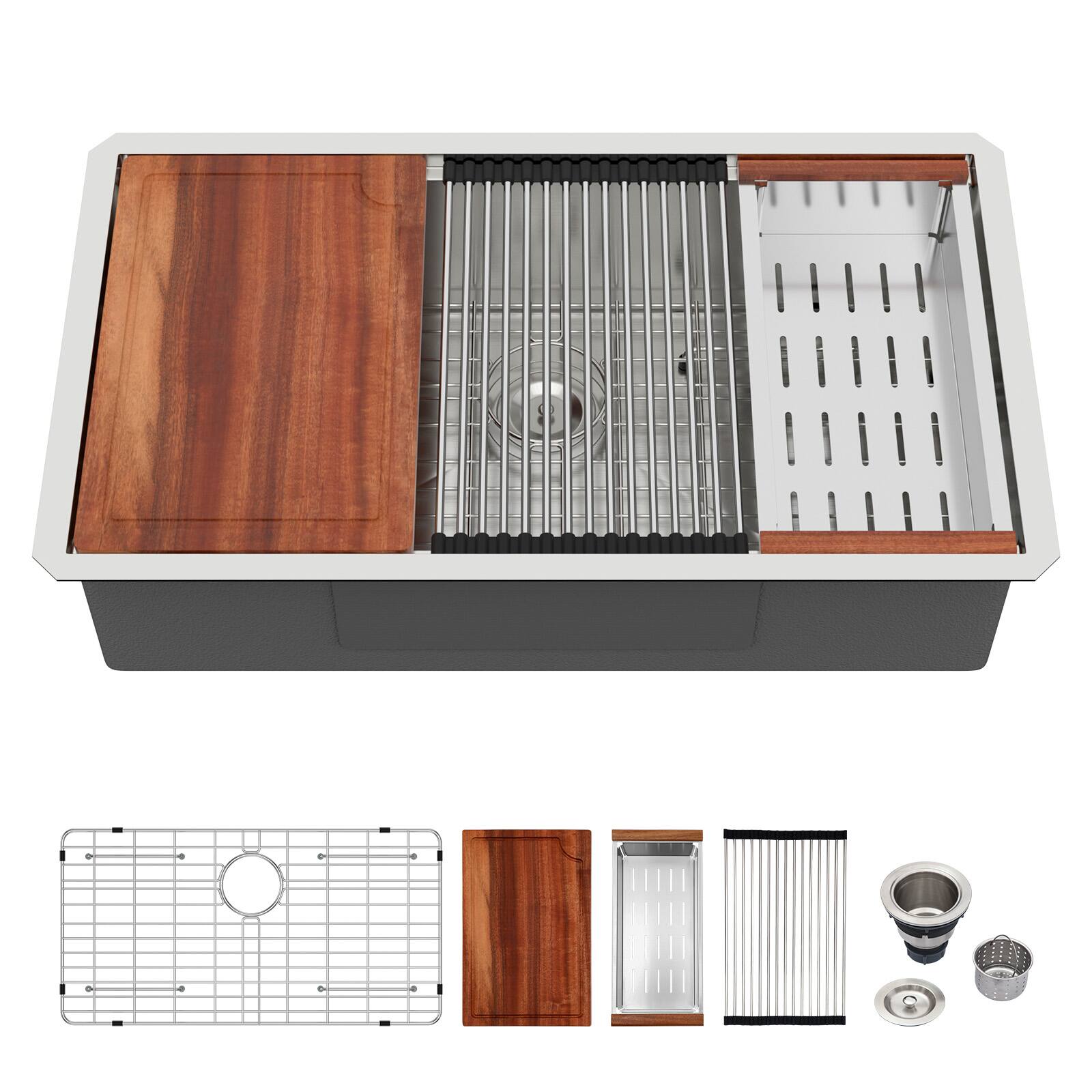 Front. APRILSOUL - 30 x 19 x 9 inch Kitchen Sink Undermount Single Bowl 16 Gauge Stainless Steel Ledge Workstation Kitchen Sinks - Brushed Nickel.