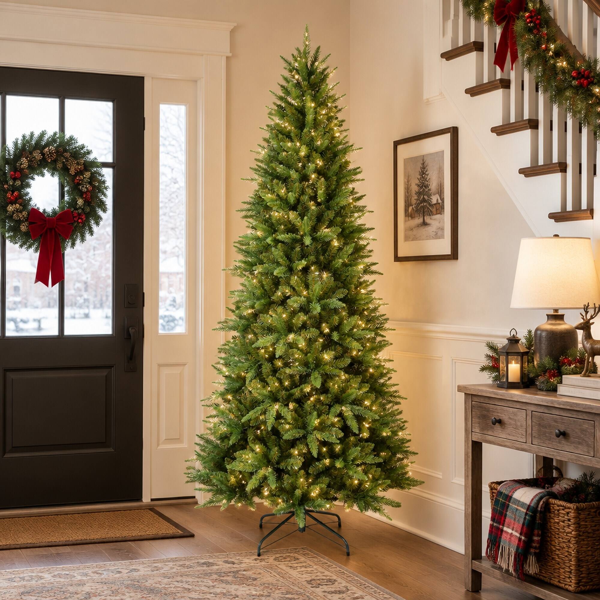 Alt View 1. RYHNUYNE - 7FT Slim Artificial Christmas Tree With 1180 PE and PVC Tips and Hinged Branches, Metal Stand for Small Spaces - Green.