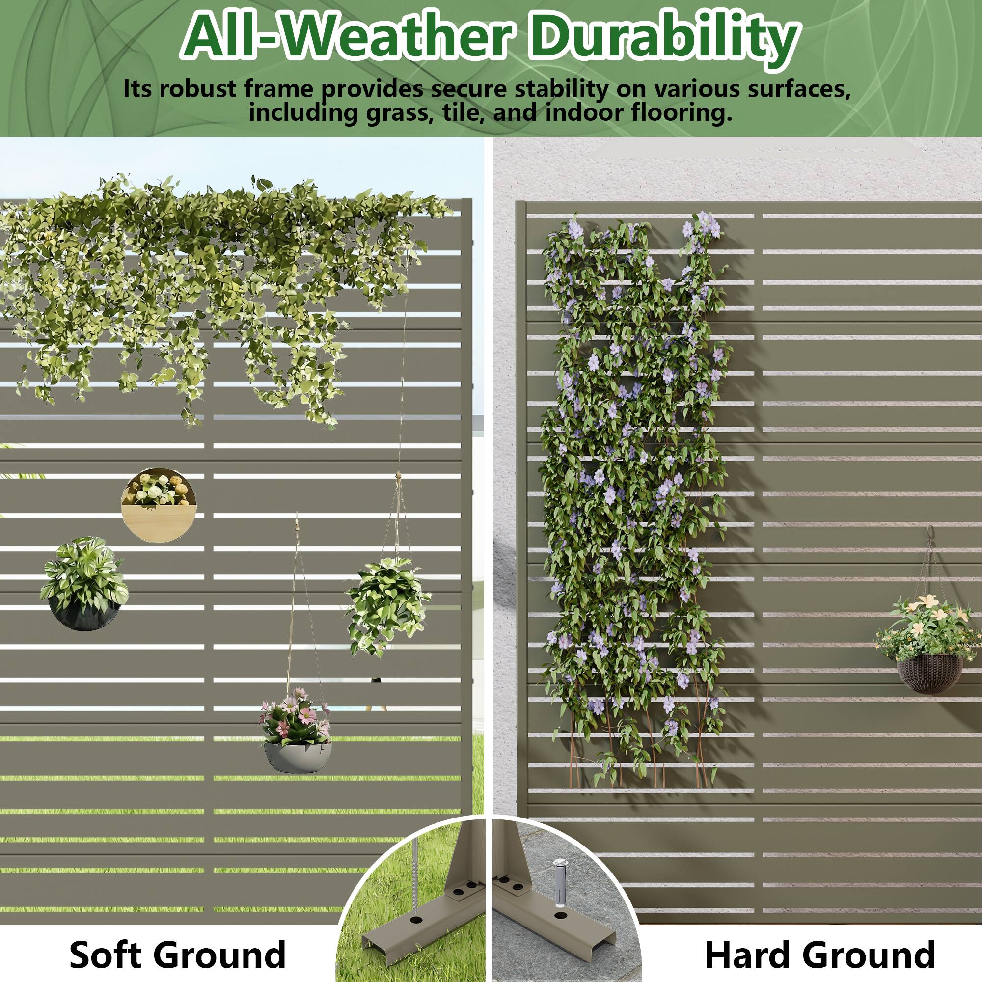All-Weather Durability  
Its robust frame provides secure stability on various surfaces, including grass, tile, and indoor flooring.  

Soft Ground  
Hard Ground