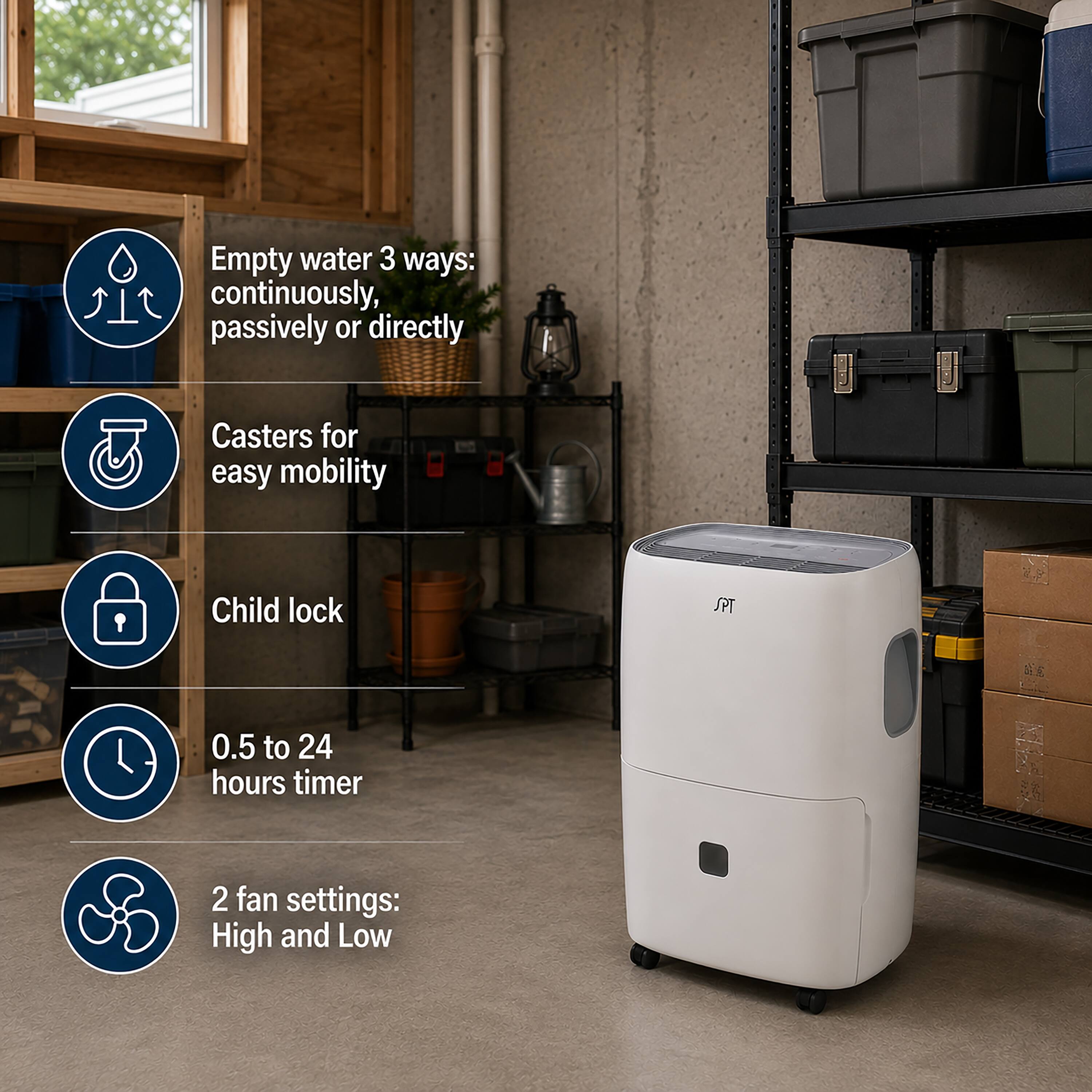 Empty water 3 ways: continuously, passively or directly  
Casters for easy mobility  
Child lock  
0.5 to 24 hours timer  
2 fan settings: High and Low