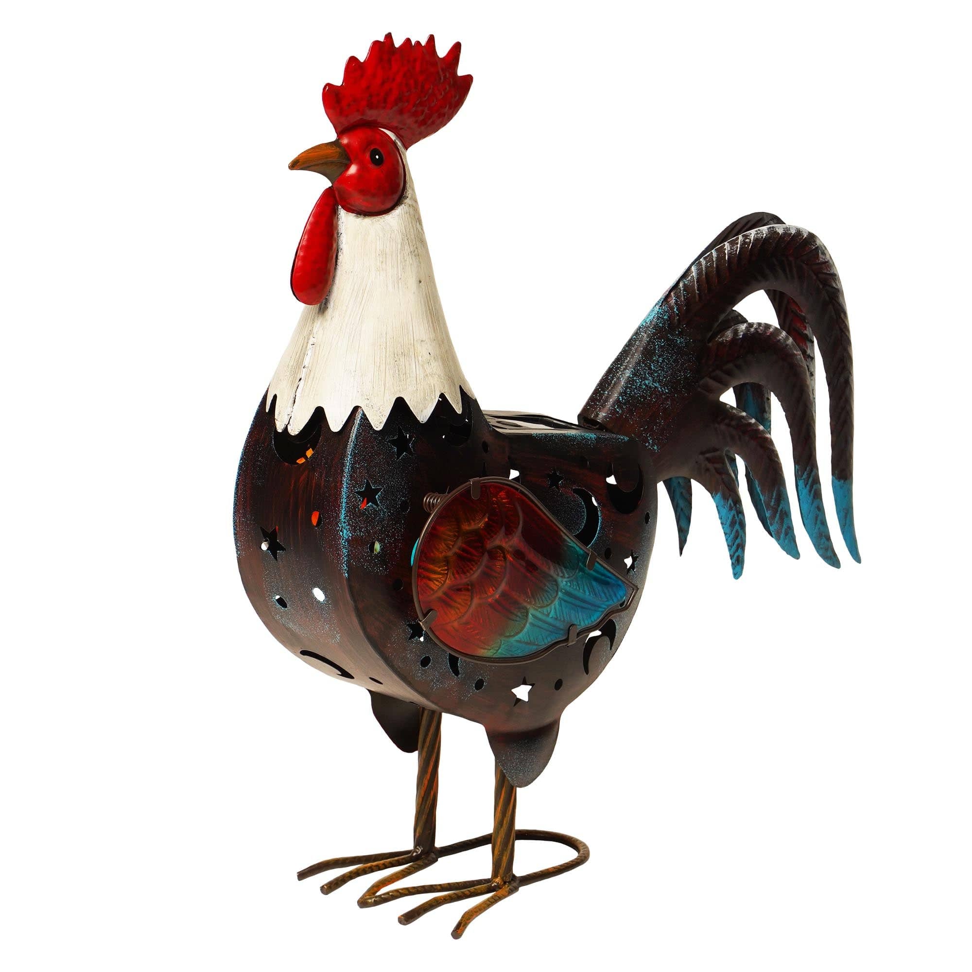 G128 - Solar Metal Rooster Garden Statue, 18 in Farmhouse Rooster Outdoor Decor with LED Lights - Colorful