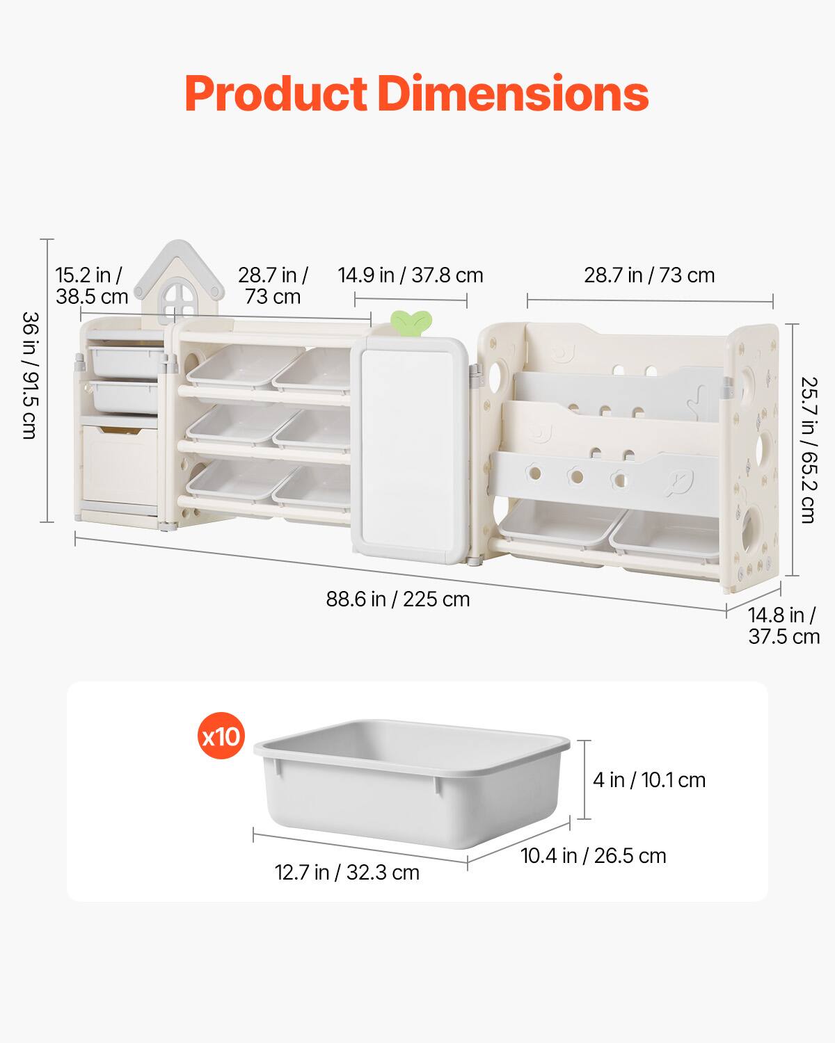 Product Dimensions: 15.2 in / 38.5 cm, 36 in / 91.5 cm, 28.7 in / 73 cm, 14.9 in / 37.8 cm, 25.7 in / 65.2 cm, 88.6 in / 225 cm, 14.8 in / 37.5 cm, 10.4 in / 26.5 cm, 12.7 in / 32.3 cm, 4 in / 10.1 cm, 10.4 in / 26.5 cm.