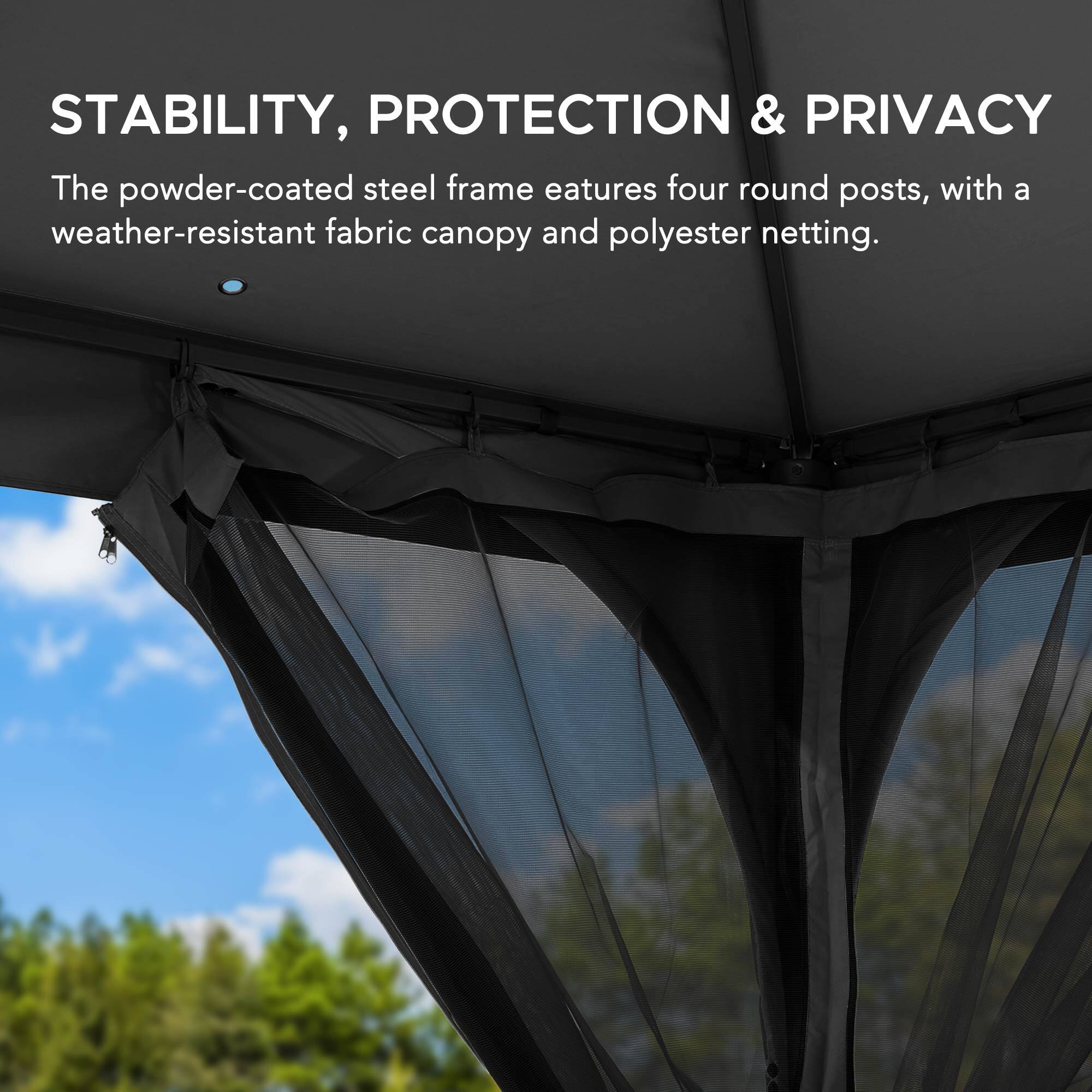 STABILITY, PROTECTION & PRIVACY

The powder-coated steel frame features four round posts, with a weather-resistant fabric canopy and polyester netting.
