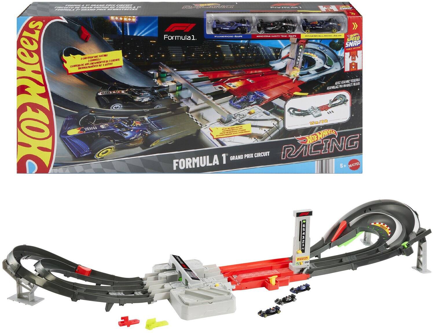 Sure, here is the corrected and grouped text from the image:

---

**Hot Wheels Racing**

**Formula 1 Grand Prix Circuit**

- 3 CAR ORIENTED RACING!
- 3 COURSES DE COCKPITS!
- ICARRERA D'ADELANTO DE 3 COCKPITS!
- UBIEMELOMANTO DE 3 AUTOSTI!

**Formula 1**

- WILLIAMS RACING - ÉQUIPE
- ADVERTISER - F1 TEAM

**SPEED SNAP**

**ADULT ASSEMBLY REQUIRED**

**ASSEMBLAGE PAR ADULTE REQUIS**

**15 m / 50 ft**

**5+**

**MATTEL**

**FORMULA 1 GRAND PRIX CIRCUIT**

**RACING**

**SPEED SNAP**

**18m/80**

**GRAND PRIX CIRCUIT RACING**

**FORMULA 1**

**MATTEL**

**FREE**

**SPEED SNAP**

**18m/80**

**GRAND PRIX CIRCUIT RACING**

**FORMULA 1**

**MATTEL**

**FREE**

**SPEED SNAP**

**18m/