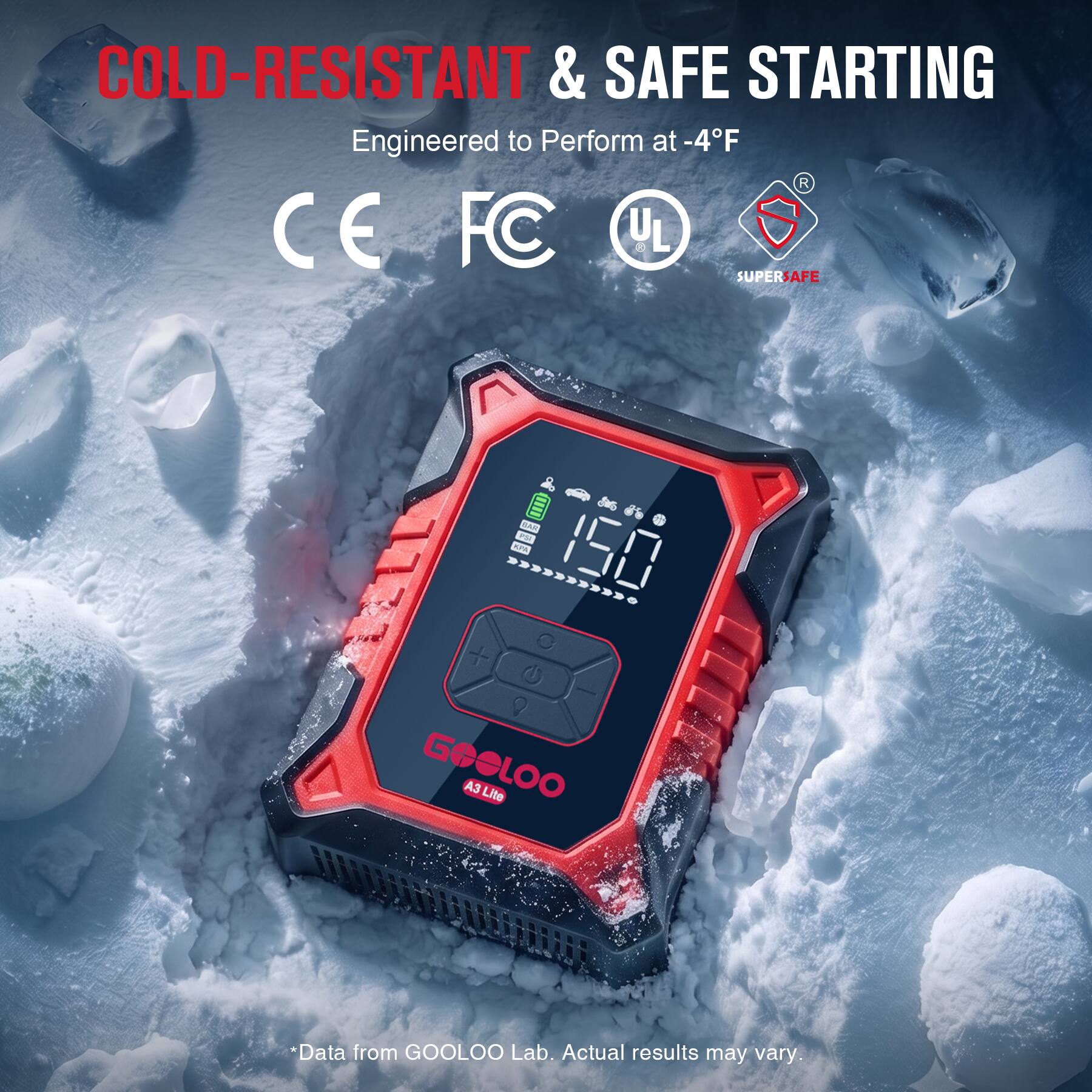 COLD-RESISTANT & SAFE STARTING  
Engineered to Perform at -4°F  
CE FC UL  
SUPERSAFE  

BAR >>>>>>>>>>0 O + U ! GOOLOO A3 Lite  
*Data from GOOLOO Lab. Actual results may vary.