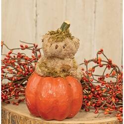 Angle. BreeBe - Mossy Teddy Bear In Papier Mache Pumpkin - Brown. Orange.