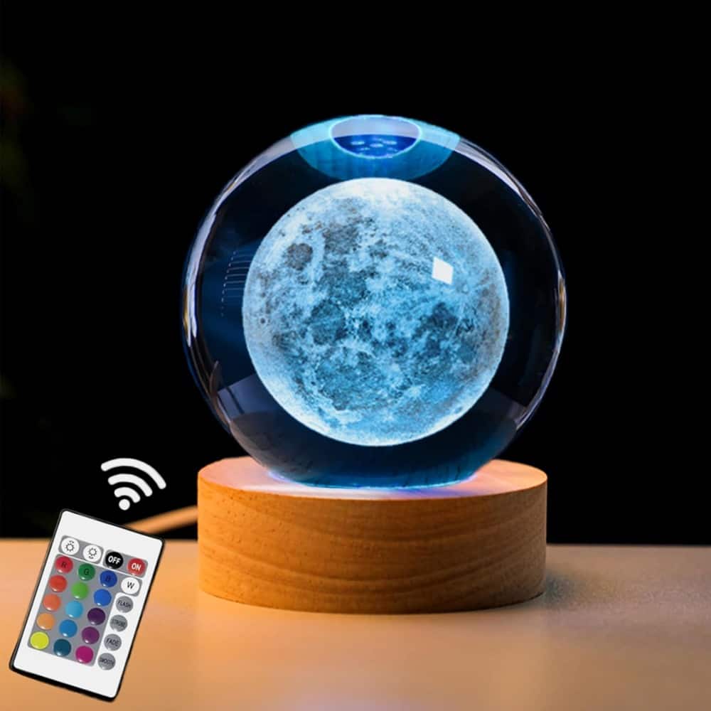 MOSZAR LLC - 3D Moon Crystal Ball Lamp, LED Stand, 16 Colors, Remote Control, 80mm