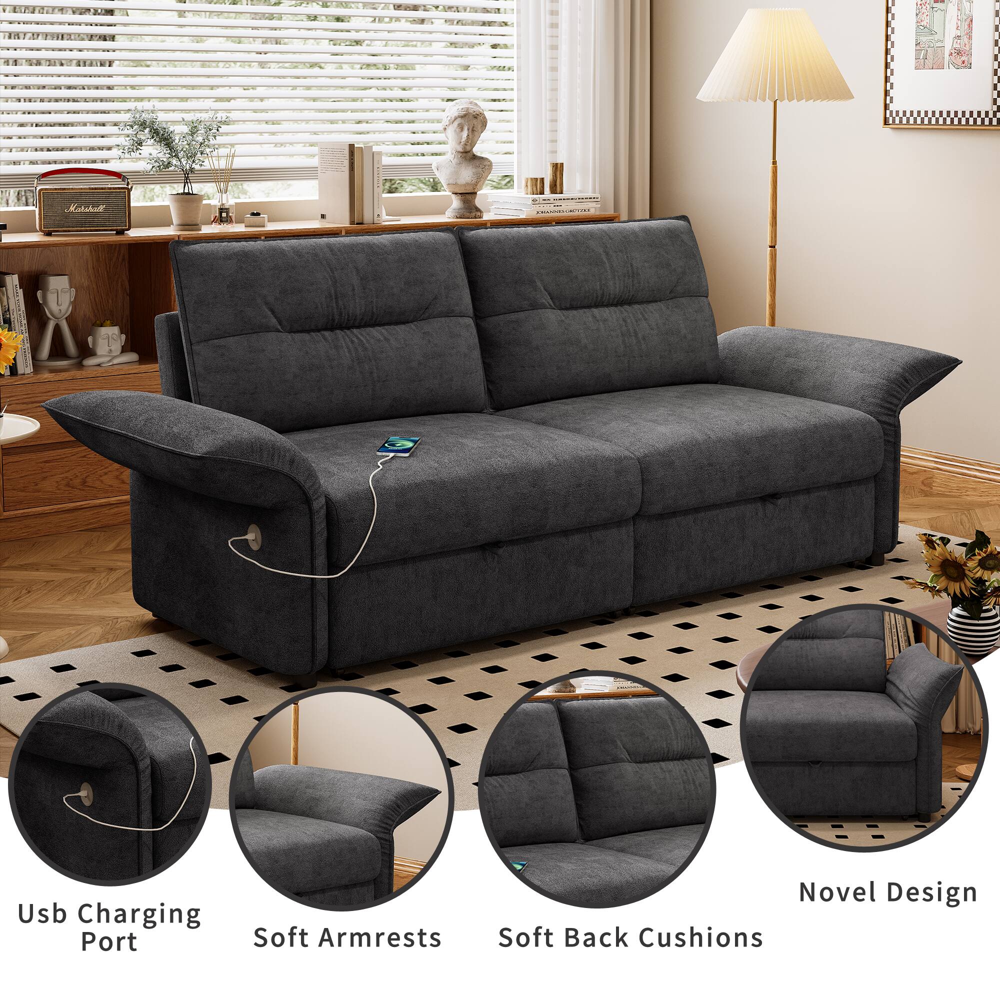 USB Charging Port, Soft Armrests, Novel Design, Soft Back Cushions