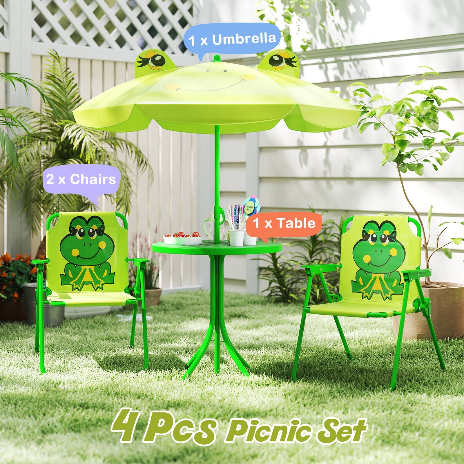 1 x Umbrella  
2 x Chairs  
1 x Table  
4 Pcs Picnic Set