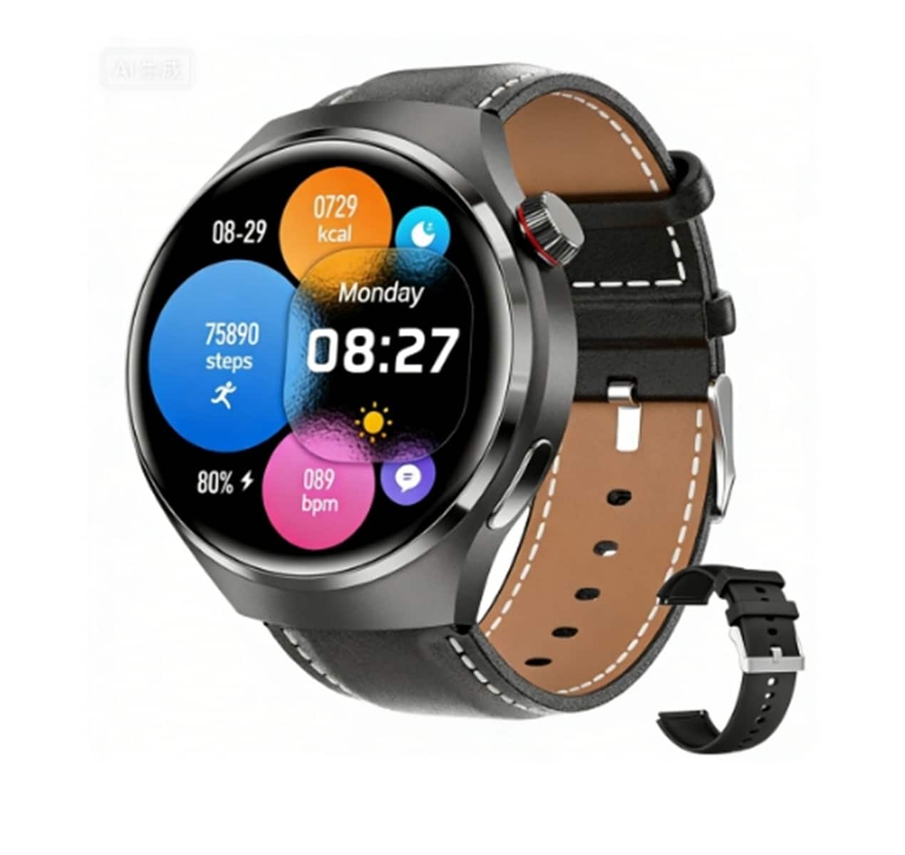 SKRAN - Round Screen Sports Smartwatch with Bluetooth Calling - Waterproof, Smartwatch with Voice Assistant -Leather + silicone - Black - (2026)