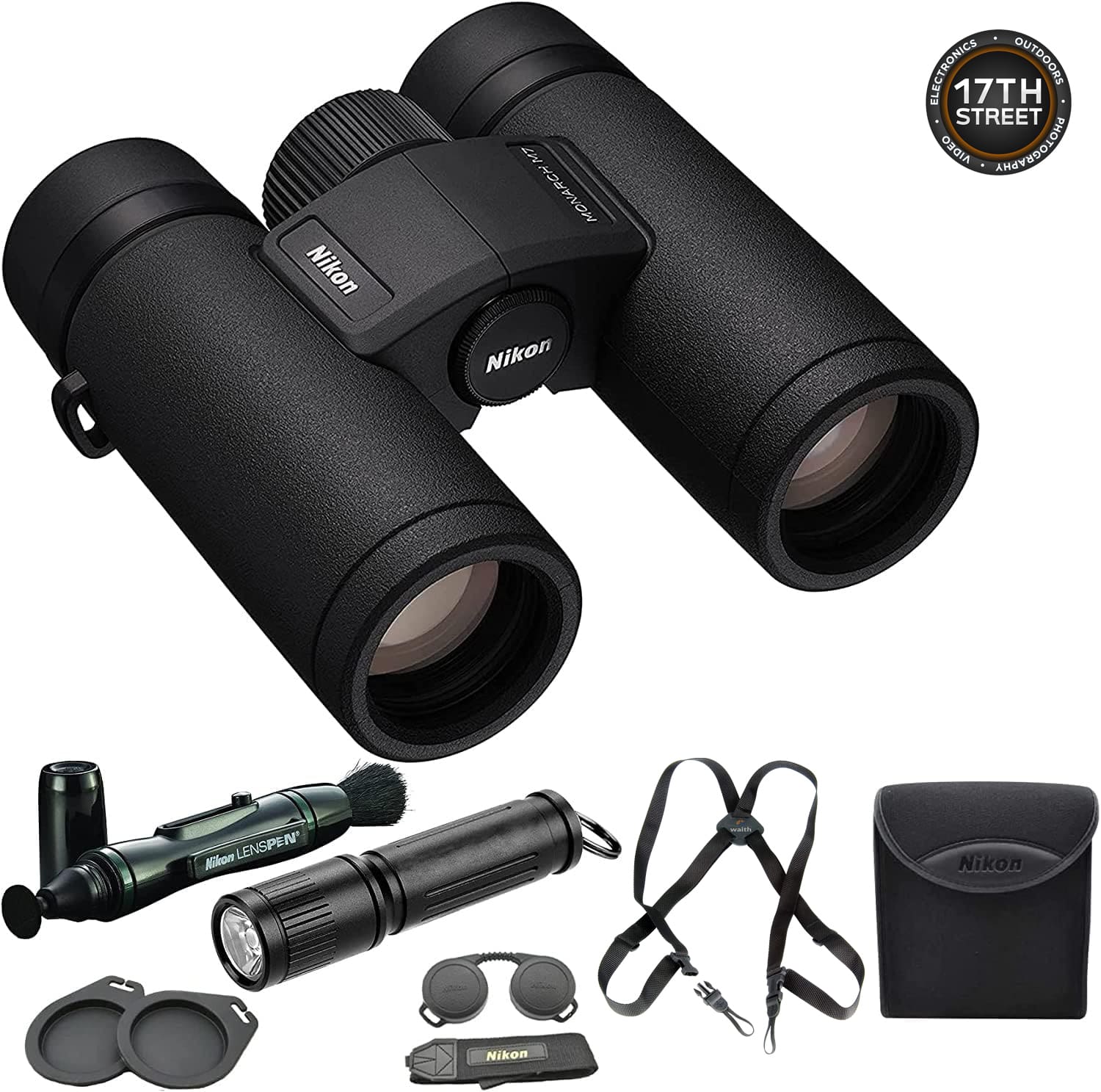 Nikon - 16764 Monarch M7 10x30 Binocular w/ Lens Pen, Harness & Flashlight Bundle