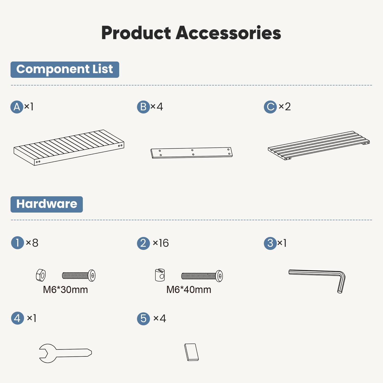 Product Accessories

Component List
- A x1
- B x4
- C x2

Hardware
- 1 x8 M6*30mm
- 2 x16 M6*40mm
- 3 x1
- 4 x1
- 5 x4