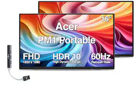 Acer - PM1 16" Portable IPS Monitor, 6ms Response Time, Anti-Glare, HDR10, Mini HDMI & DKZ Hub (UM.ZP1AA.J05) 2 Pack - Black/Silver