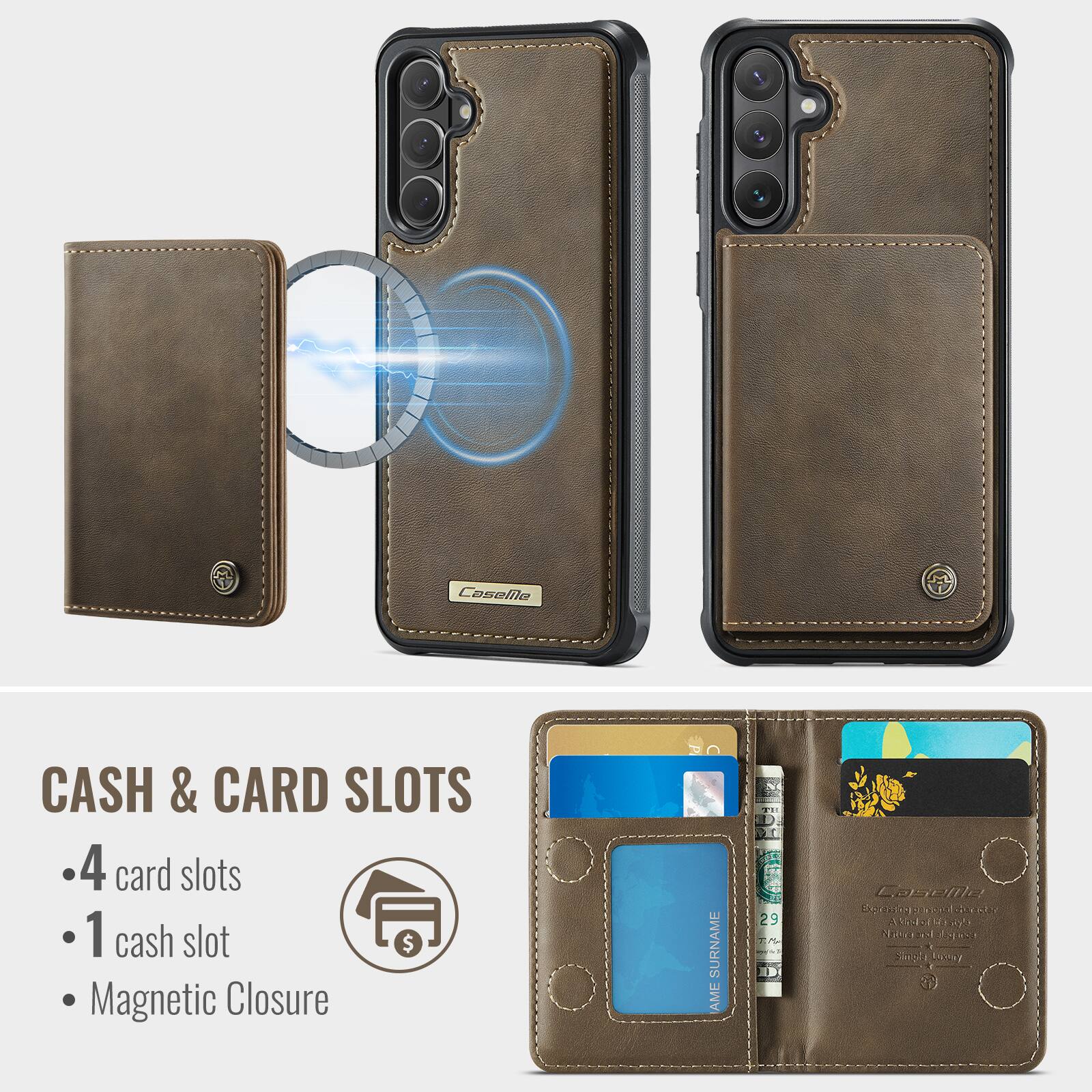 Caselila CASH & CARD SLOTS  
4 card slots  
1 cash slot  
Magnetic Closure  

SURNAME AME  
D 29 77  
ID Last  
S 2eool daa A u  
haol TEC