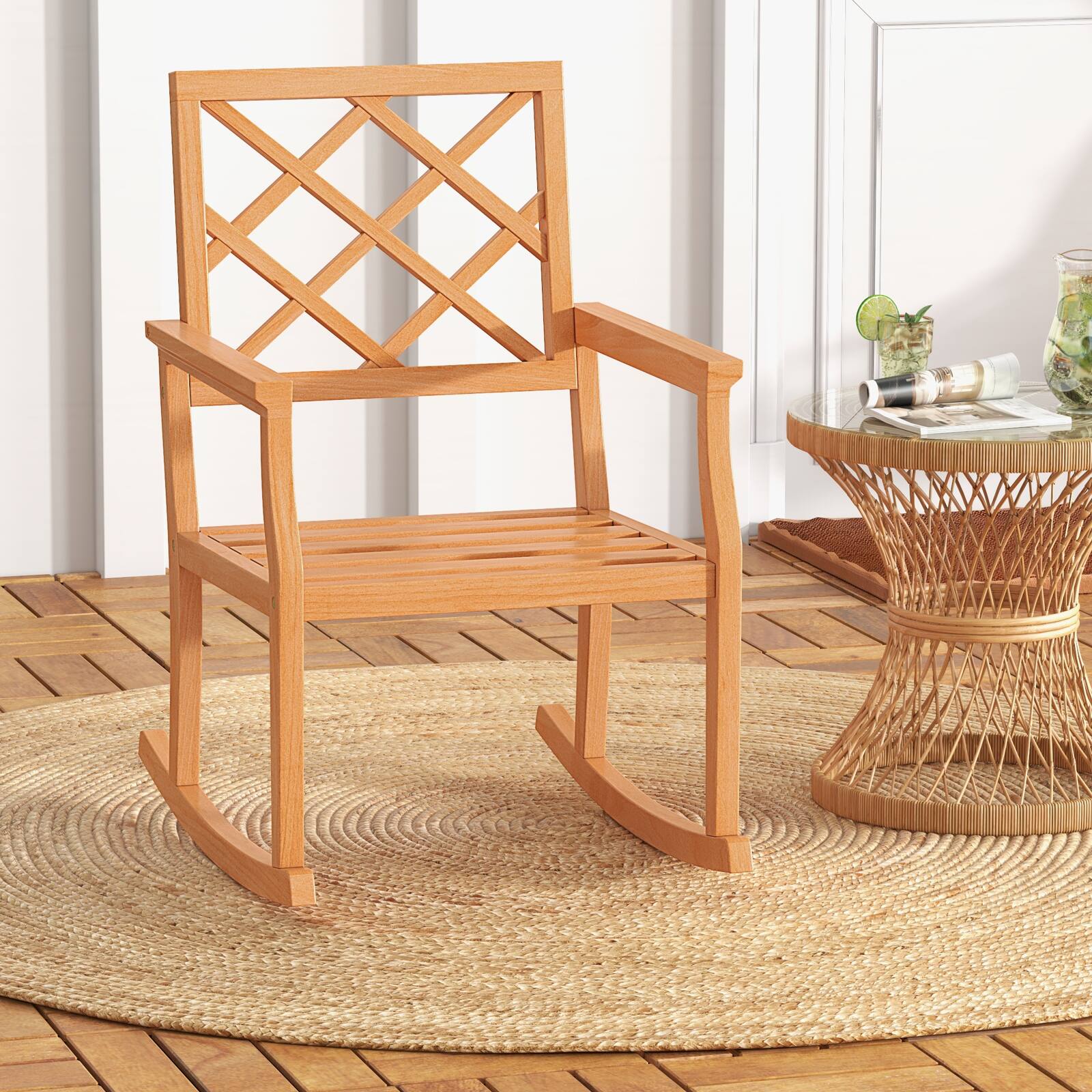 Alt View 5. Costway - Costway 2 PCS Teak Wood Rocking Chair with Backrest and Slatted Seat Backyard and Lawn - Natural.